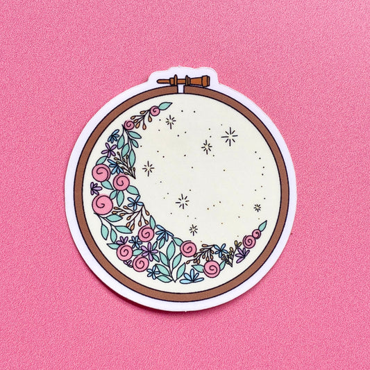 Floral Moon Embroidery Hoop | Vinyl Sticker