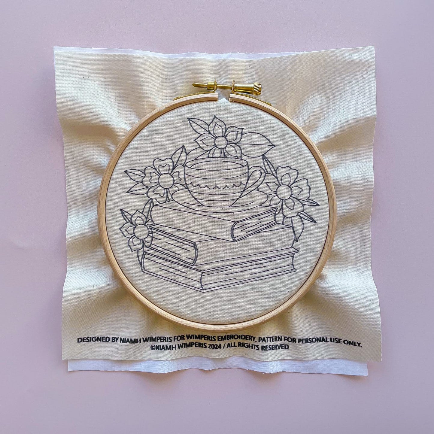 Teacup & Books Embroidery Fabric Panel