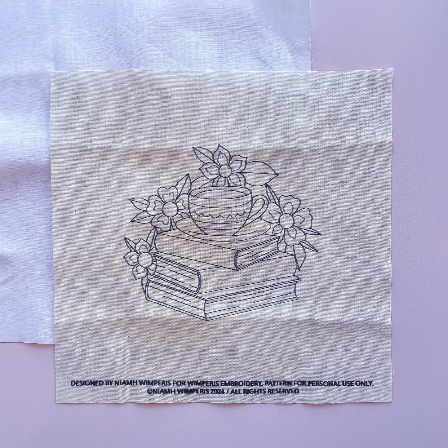 Teacup & Books Embroidery Fabric Panel