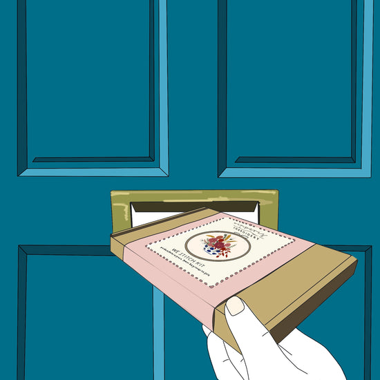 Drawing of a hand posting a Wimperis Embroidery kit being posted through a letterbox on a blue door