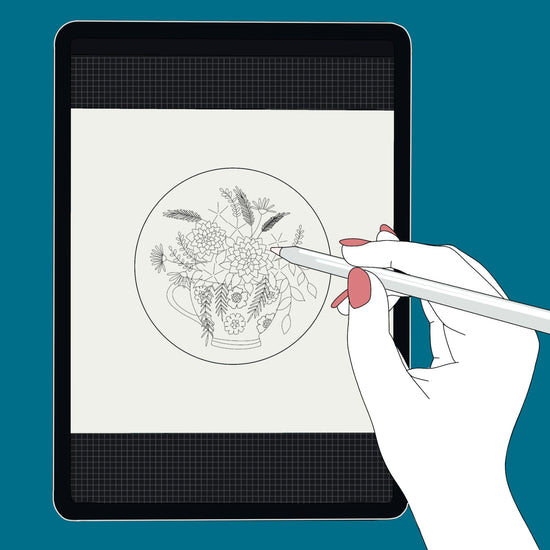 Drawing of a hand using an apple pencil to draw an embroidery design on an ipad