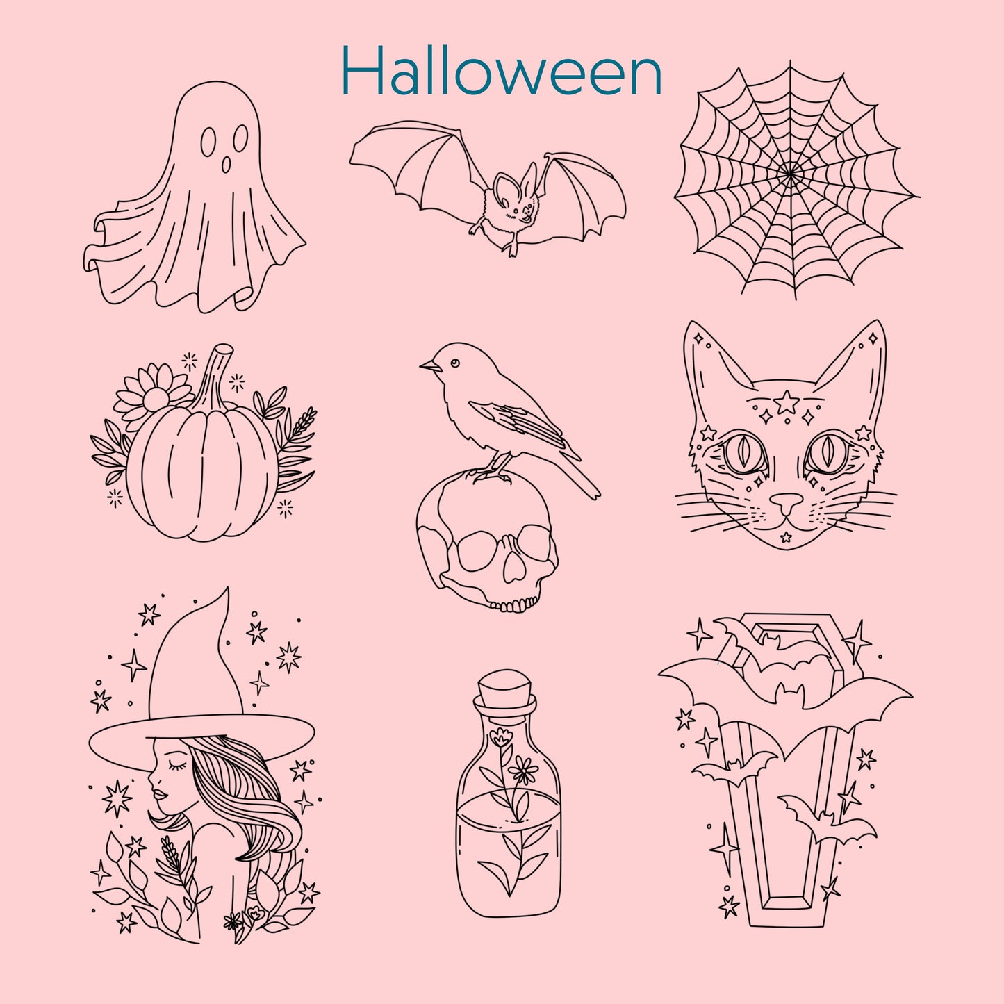 Set of Halloween-themed illustrations including a ghost, bat, spider web, pumpkin, bird, cat, skull, witch hat, potion bottle, and cauldron on a pink background.