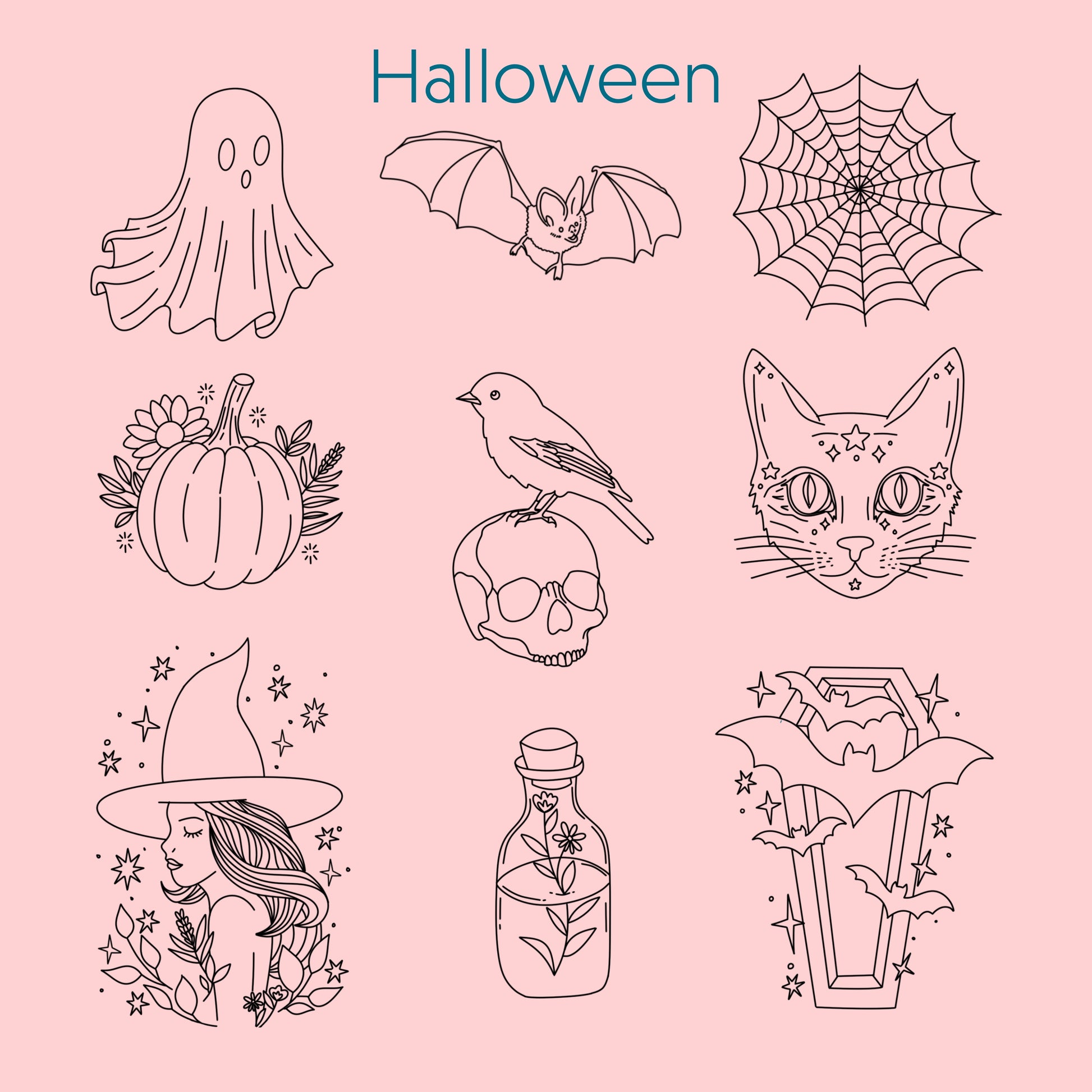 Set of Halloween-themed illustrations including a ghost, bat, spider web, pumpkin, bird, cat, skull, witch hat, potion bottle, and cauldron on a pink background.